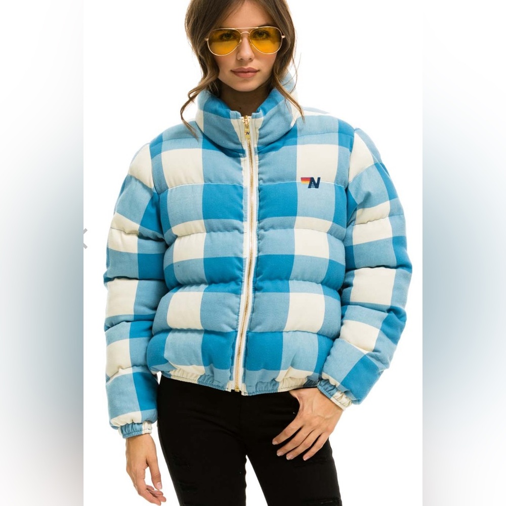 Aviator Nation APRES PLAID PUFFER JACKET - SKY PLAID size M Euc